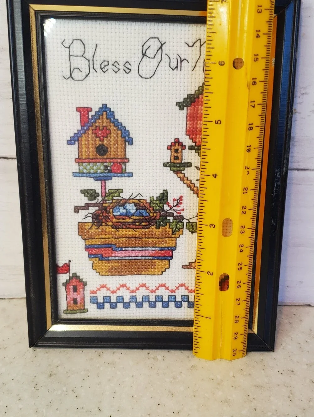 Vintage Handmade Cross Stitch Framed Bless Our Nest Birdhouse Needlepoint Cottag
